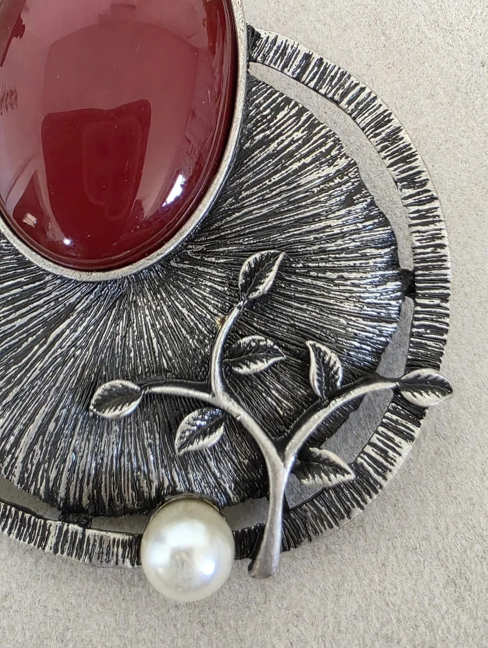 Gunmetal Silver Modern Brooch Pin With  Burgundy faux Stone And Pearl Accent